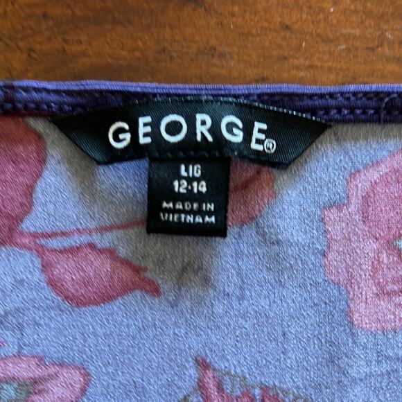 George Purple Floral Print Knit Dress Woman Size Large 12/14 Surplice Full Skirt - Picture 4 of 10